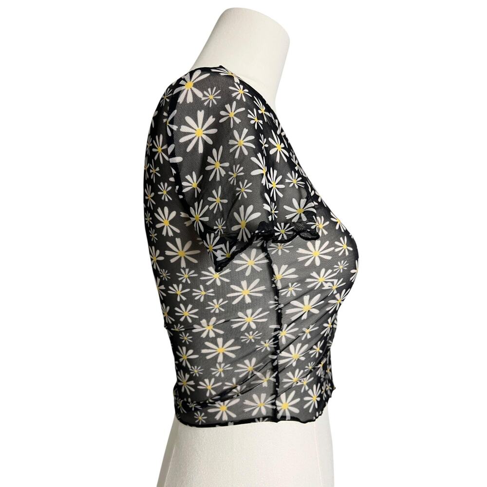 H&M Divided Mesh Crop T-Shirt Teens Small Black Daisy Floral Sheer Festival - Picture 3 of 7